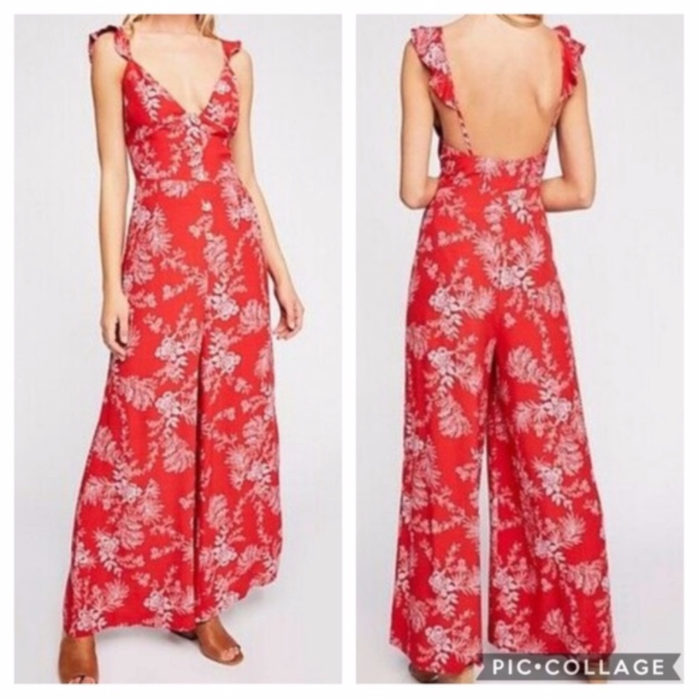 Free People “Be the One” Red Ruffle Trim Jumpsuit